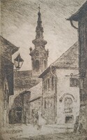 Romantic street scene with a church tower (etching) 36x27 cm