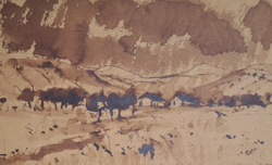Landscape with cottages from 1958 (walnut stain, 15x24 cm, total size 30x45 cm)