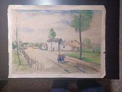 Rácz H. jelzéssel: Vidéki utcakép, aquarell (teljes méret 47x34,5 cm)