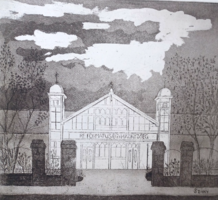 Sándor Száky: Baross tér church, Reformed parish, etching 1983 - full size 8.5x20.5cm