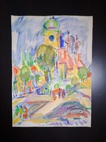 Csűrösné Bruckner Valéria akvarell templommal 51x37 cm (utcakép járókelőkkel, városkép)
