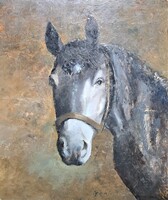 Szanthoffer Imre (1930-2007): Ló portré (olajfestmény farostlemezen, 60x50 cm) állatkép