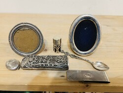 2 silver picture frames, silver box, silver money clip, screw box, small spoon