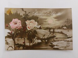 Régi karácsonyi képeslap 1919 levelezőlap rózsa havas táj