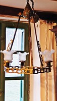 Különleges Jugendstil ( szecessziós ) 3 égős, kisebb méretű, réz csillár 1900 elejéről.