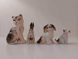 Retro régi 4 db mázas kerámia házi állatok cica nyuszi kutyák