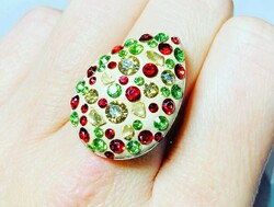 Állítható nemesacél gyűrű, Swarovski kristályokkal és arany színű üveggel! Karácsonyi színekben!