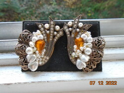 Tűzaranyozott filigrán klipsz cirkóniával és markazittal,bőségszarúval gyöngy és kő gyümölcsökkel