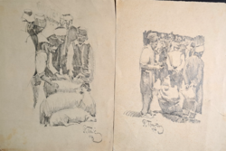 Bravúros ceruzarajzok (2 db) Tomič Rajko (1905-1988) művei - Pásztorok bárányokkal, falusi életkép