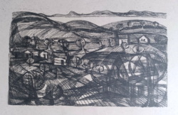 Dimbes-hilly landscape with houses, etching (full size 42x29.5 cm)