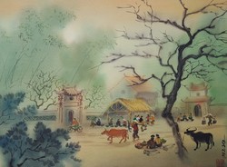 Ázsiai selyemre festett kép, feltehetőleg Vietnámból