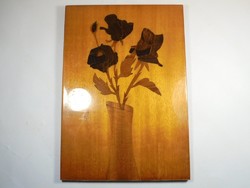 Retro régi rózsa virág mintás virágos intarzia fali kép akasztható kép fa munka intarziakép