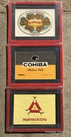 Kubai szivar márkák keretezett emblémái: Cohiba, Montecristo, H. Upmann