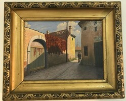 Őszi utcakép vadszőlővel - ismeretlen festő Gy szignóval (45x37 cm kerettel)