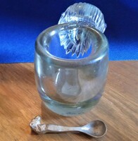 Small glass mustard holder with a small silver plated spoon