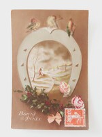 Régi karácsonyi képeslap levelezőlap havas táj kismadár rózsa patkó