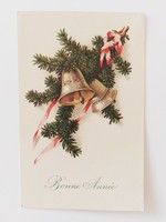 Old Christmas card postcard pine branch bell