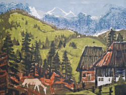 Rác András (1926-2013): Alpesi házikók (színes linómetszet, teljes méret 43x61 cm)