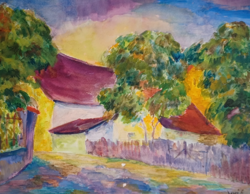 Sunset in front of the house, street scene, marked watercolor, full size 70x50 cm, decoration l?