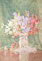 Flower still life - beautiful old watercolor! Signed Zolbainé (?), female painter - size: 60x43 cm