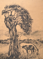 Landscape with horses - marked etching, full size 50x40 cm