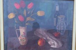 Shey Ferenc (1925-1997) képcsarnokos asztali csendélet tulipánnal