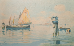 Mesebeli tengeri tájkép hajókkal (akvarell, teljes méret 39,5x27 cm)