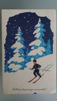 Régi karácsonyi képeslap rajzos levelezőlap síelő havas táj
