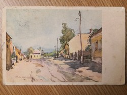 1954/Csallóközi Farkas Lőrinc-Újvilág utca című akvarellét ábrázoló retro képeslap