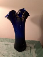 Blue glass vase with ruffled edges, 23 cm