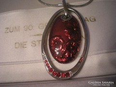 Burgundy fire enamel pendant with gemstones at the bottom, 40+ 5 cm chain, in good condition