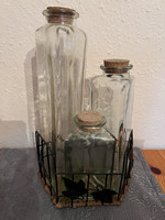 Old thick glass storage containers - set of 3, with stopper, glass/cork