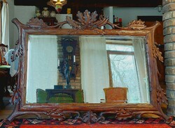 Hatalmas tölgyfaleveles faragott tükör, 1900-ból, kifogástalan, eredeti állapotban, 145 x 105 cm