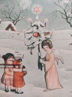 Régi karácsonyi képeslap 1940 rajzos levelezőlap angyal karácsonyfa havas táj