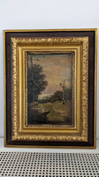 Olaj tájkép 1870-es évekből, mahagóni fára festve, eredeti keretben