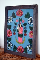 Antik festett erdélyi üveg Szűz Mária Kis Jézussal Hold sarló kép ikon  44 x 32 cm magyar néprajz