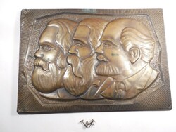 Retro szocialista kommunista szocreál réz kalapált fali profilkép kép dombormű - Marx, Engels, Lenin