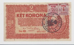 2 Korona Államjegy 1920 aa sorozat Hamis Aradi felülbélyegzéssel, koronás bélyeggel