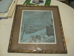 Háború utáni romok Dér  szignóval  aláírt  litografia  egy I.vh -ban elpusztízott települést ábrázol