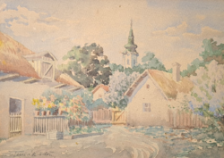 On the Turias: street scene with church tower (watercolor, full size 42.5x35 cm)