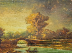 Miniatűr festmény különlegesség - tájkép híddal, Matzon (teljes méret 23x20 cm, a mű maga 5x4 cm)