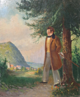 Franz Schubert - portrait of the pensive composer - oil, wood, (35x40 cm)