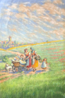 Tavaszi jelenet gyerekekkel - 1938, Prosek jelzés, pasztell (34,5x23,5 cm) életkép, 1930-as évek