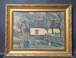 Nyergesi János: Kékruhás járókelők - akvarell (teljes méret 51,5x41 cm)