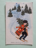 Régi karácsonyi képeslap 1966 rajzos levelezőlap népviseletes síelő havas fenyőerdő