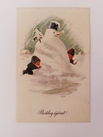 Régi karácsonyi képeslap 1957 rajzos levelezőlap hóember gyerekek