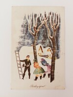 Old New Year's card 1964 picture postcard chimney sweep folk costume street conversation