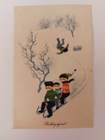 Régi karácsonyi képeslap 1965 rajzos levelezőlap szánkózó gyerekek