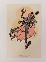 Régi újévi képeslap rajzos 1962 levelezőlap kéményseprő malac lóhere patkó