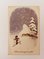 Régi karácsonyi képeslap rajzos levelezőlap síelő fiú havas táj